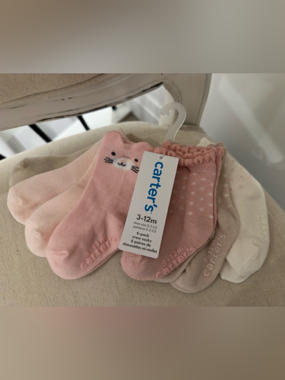 🦢 3~12 Mth Baby Girls' 6-Pack Pink and Pastel Kitty & Mini Dot Crew Socks NWT